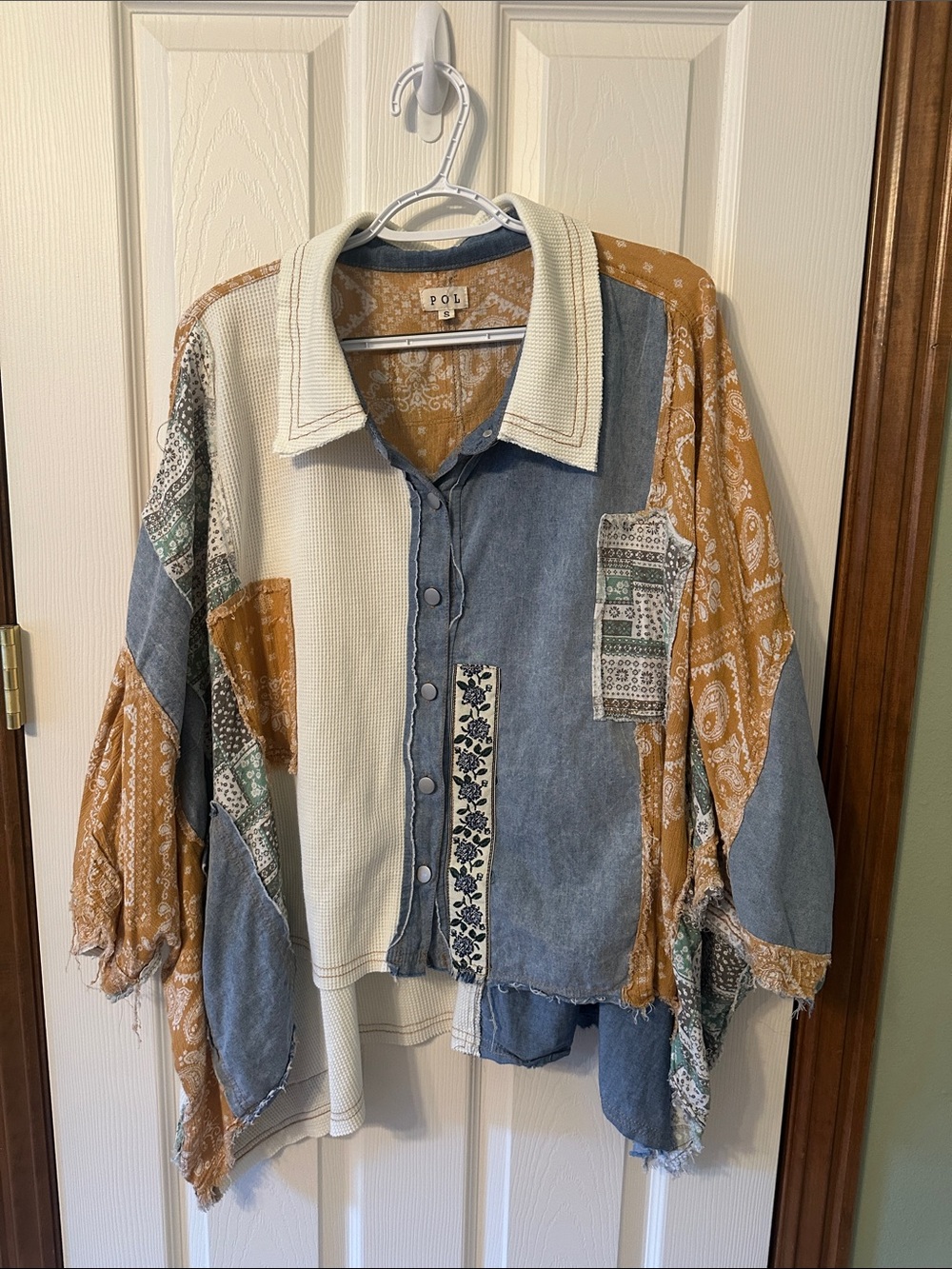 POL Patchwork Mixed-Media Jean Jacket in Mustard, Denim & Cream
